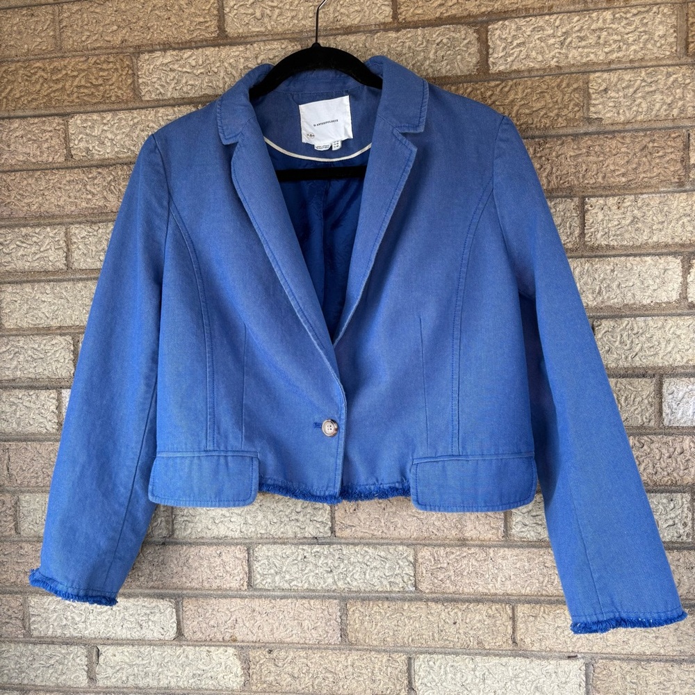 NWOT Anthropologie Cropped Blazer Blue with Frayed Trim - Picture 3 of 11